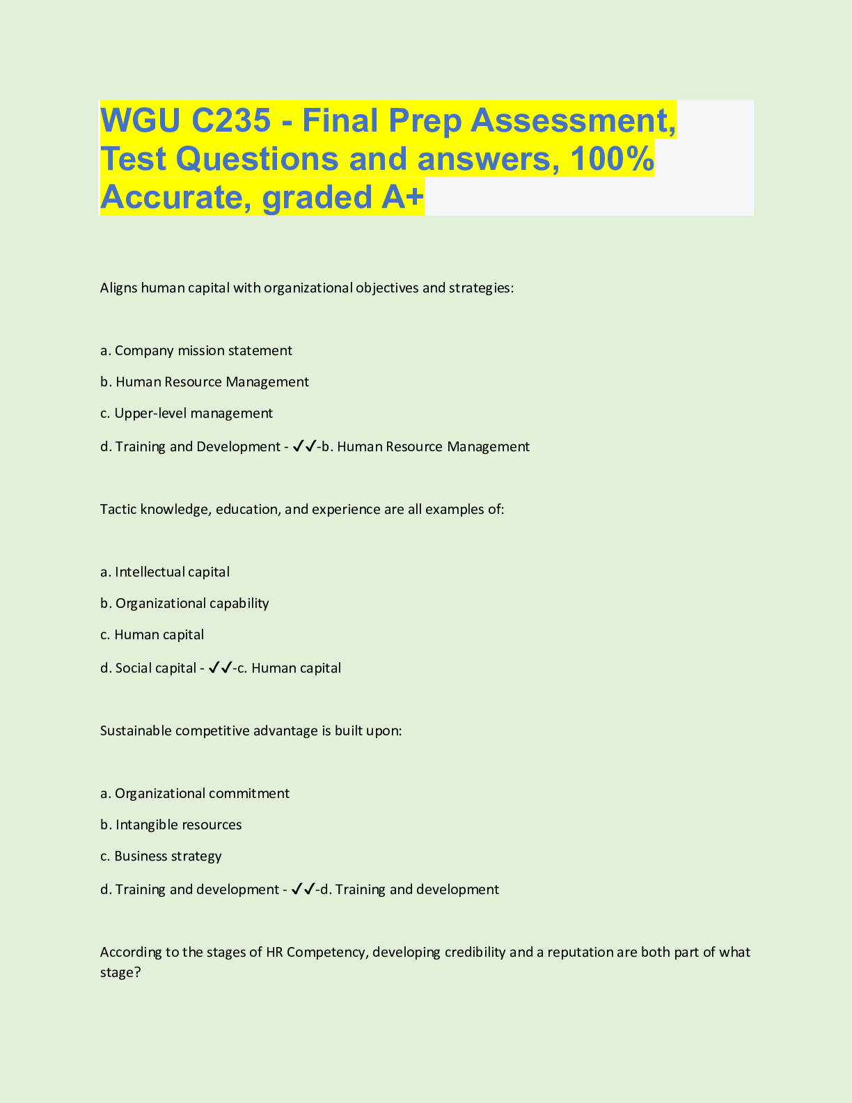 Preview of WGU C235 - Final Prep Assessment,  Test Questions and answers, 100%  Accurate, graded A+